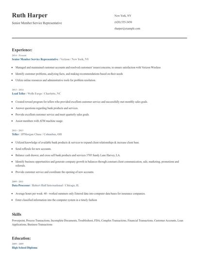 Senior Member Service Representative Resume