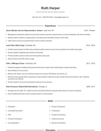 Senior Member Service Representative Resume