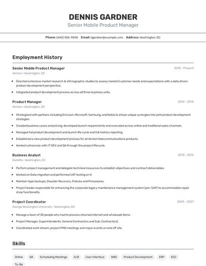 Senior Mobile Product Manager Resume