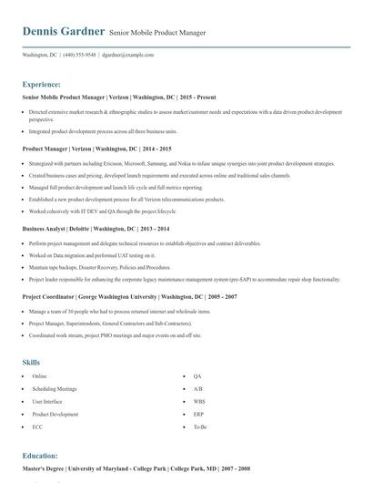 Senior Mobile Product Manager Resume