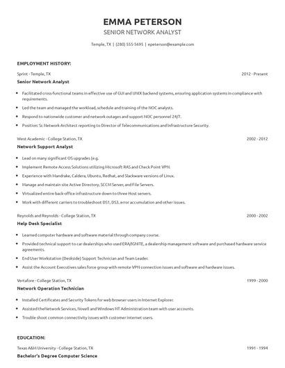 Senior Network Analyst Resume