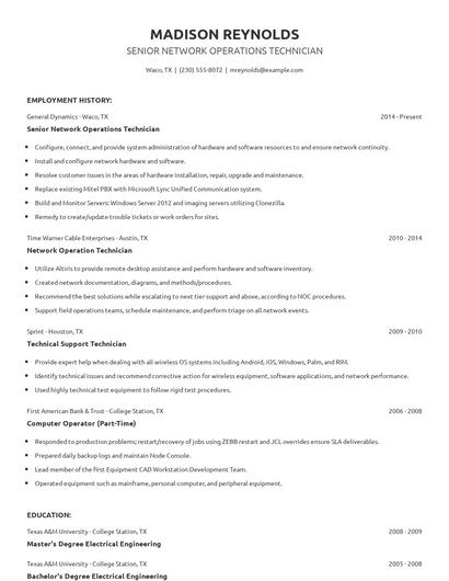 Senior Network Operations Technician Resume