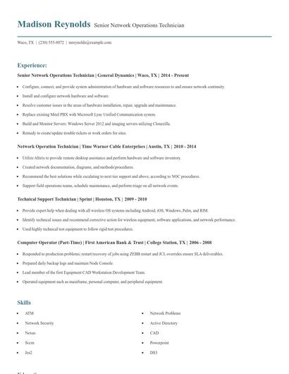 Senior Network Operations Technician Resume