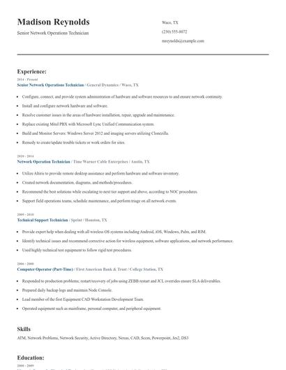 Senior Network Operations Technician Resume