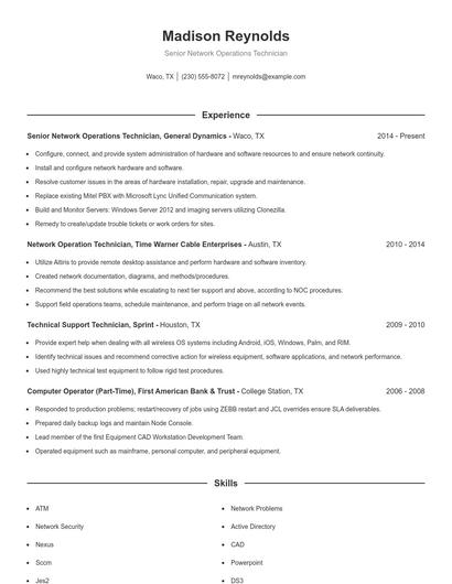 Senior Network Operations Technician Resume