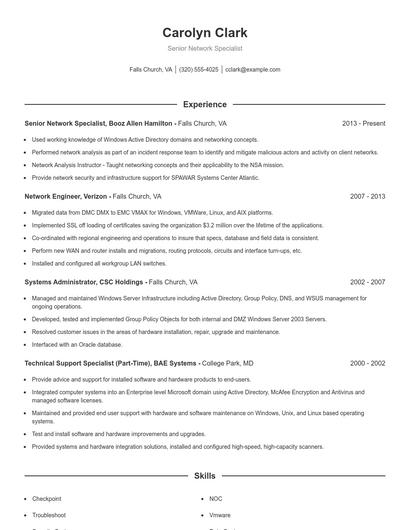 Senior Network Specialist Resume
