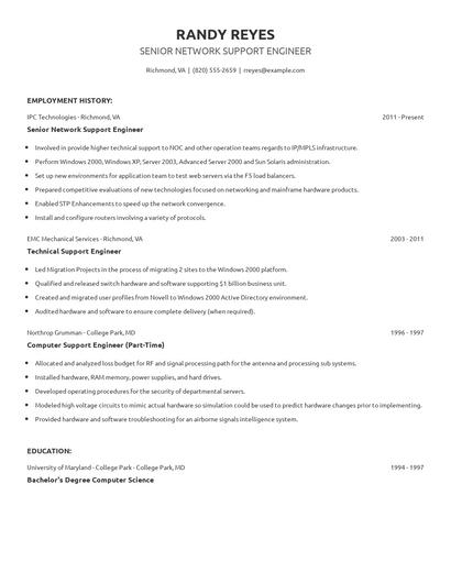 Senior Network Support Engineer Resume