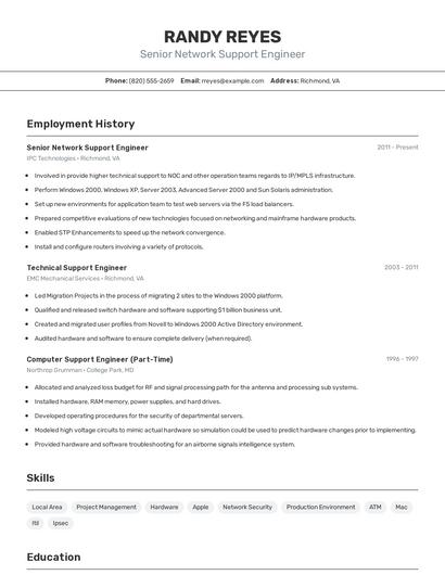 Senior Network Support Engineer Resume