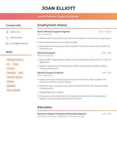 Senior Network Support Engineer Resume