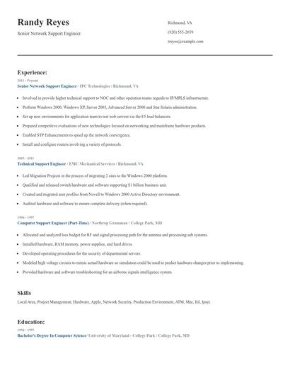 Senior Network Support Engineer Resume