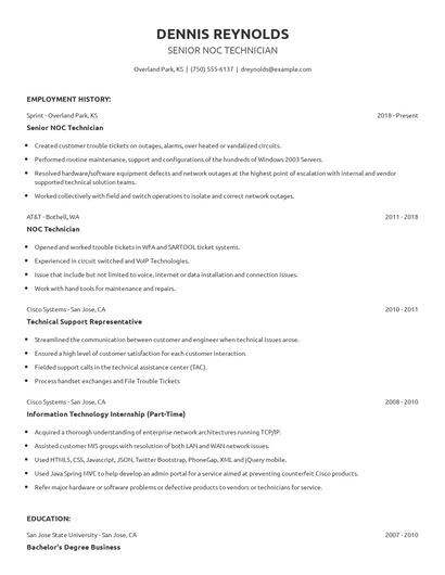 Senior NOC Technician Resume