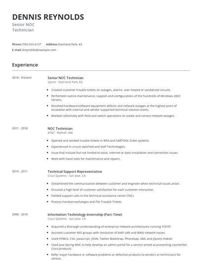 Senior NOC Technician Resume