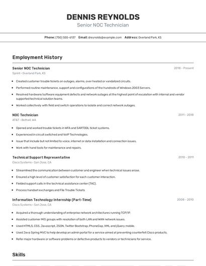 Senior NOC Technician Resume