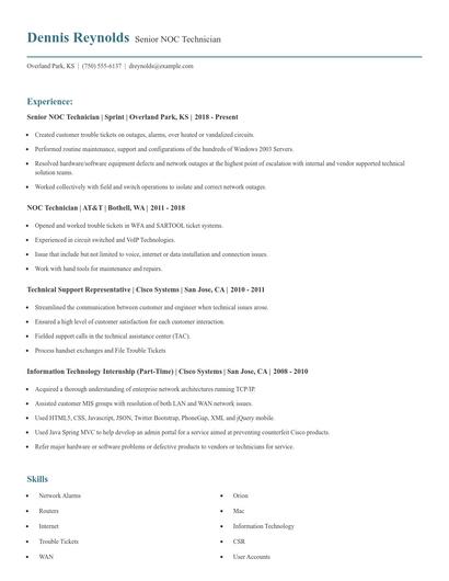 Senior NOC Technician Resume