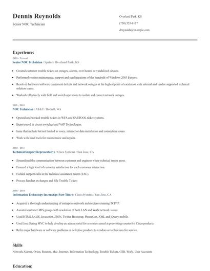 Senior NOC Technician Resume