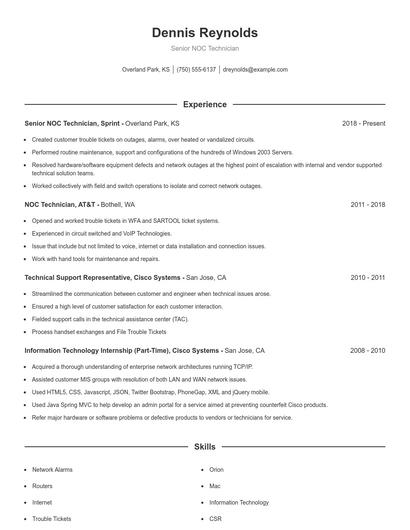 Senior NOC Technician Resume
