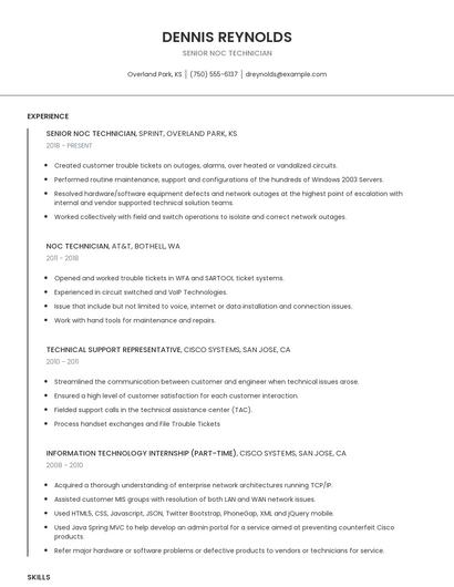 Senior NOC Technician Resume