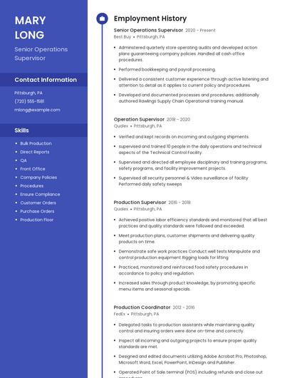Senior Operations Supervisor Resume
