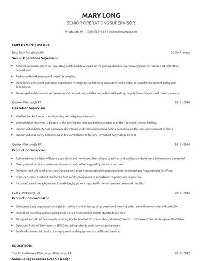 Senior Operations Supervisor Resume