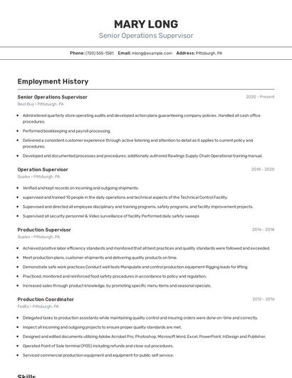 Senior Operations Supervisor Resume