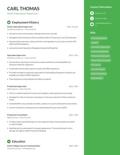 Senior Operations Supervisor Resume