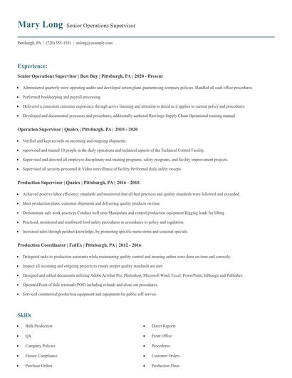 Senior Operations Supervisor Resume
