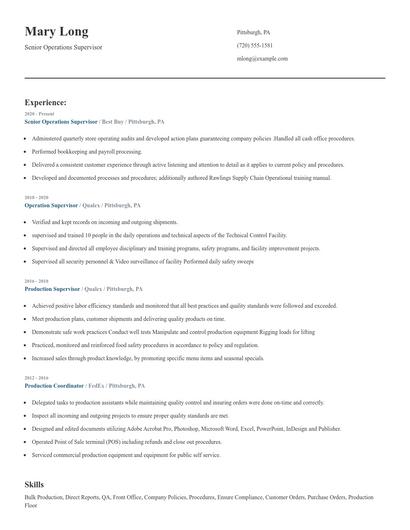 Senior Operations Supervisor Resume