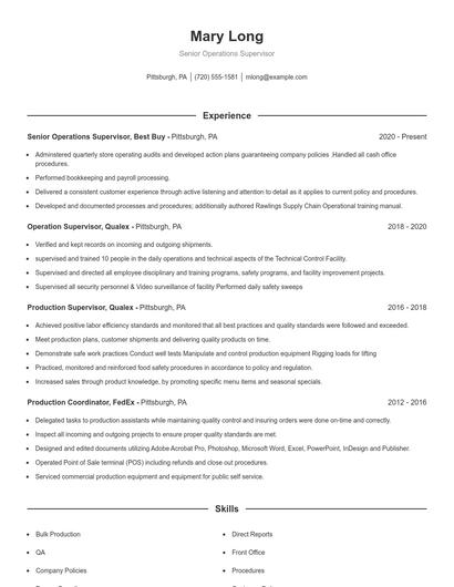 Senior Operations Supervisor Resume