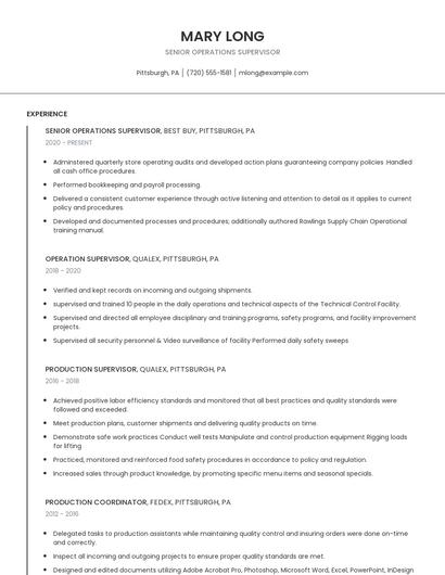 Senior Operations Supervisor Resume