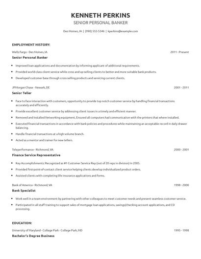 Senior Personal Banker Resume