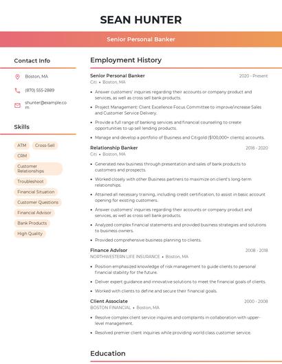 Senior Personal Banker Resume