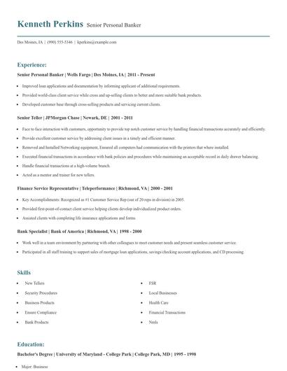 Senior Personal Banker Resume