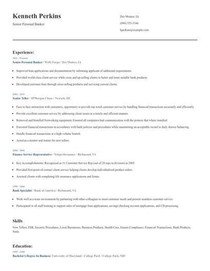 Senior Personal Banker Resume