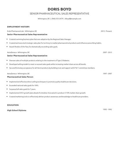 Senior Pharmaceutical Sales Representative Resume