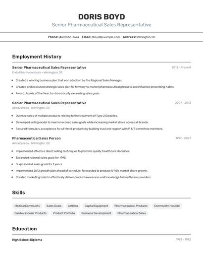 Senior Pharmaceutical Sales Representative Resume