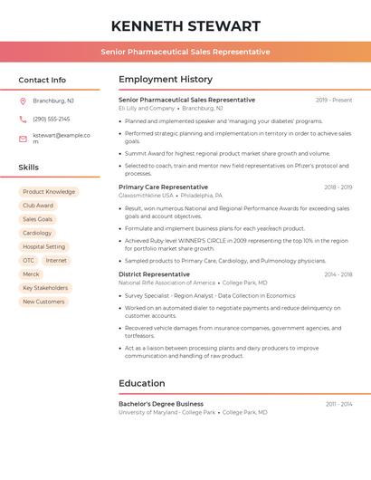 Senior Pharmaceutical Sales Representative Resume