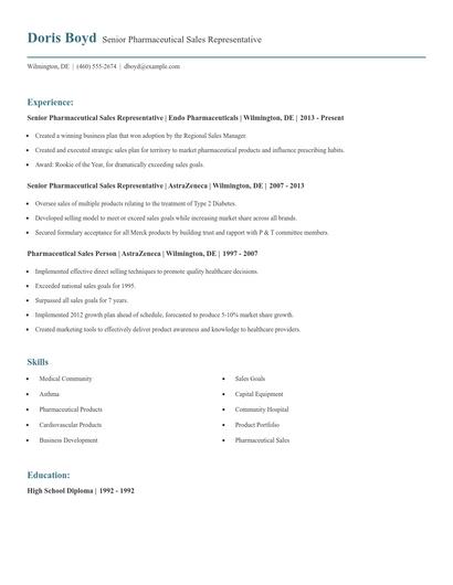 Senior Pharmaceutical Sales Representative Resume