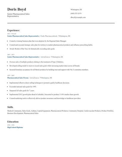 Senior Pharmaceutical Sales Representative Resume