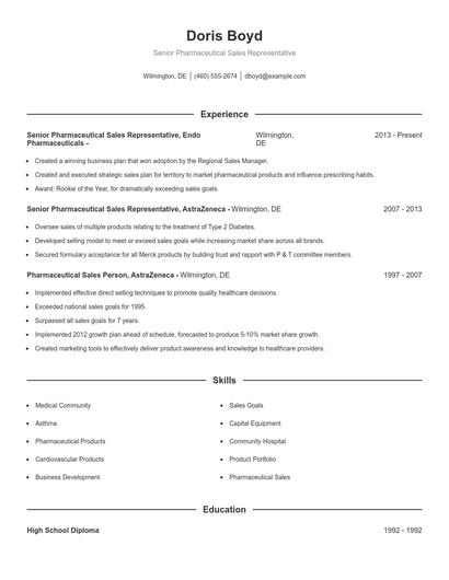 Senior Pharmaceutical Sales Representative Resume