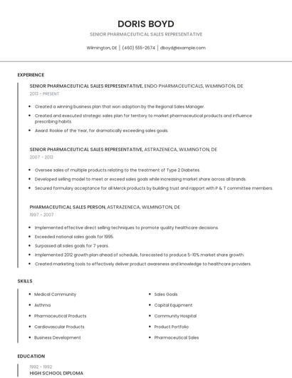 Senior Pharmaceutical Sales Representative Resume