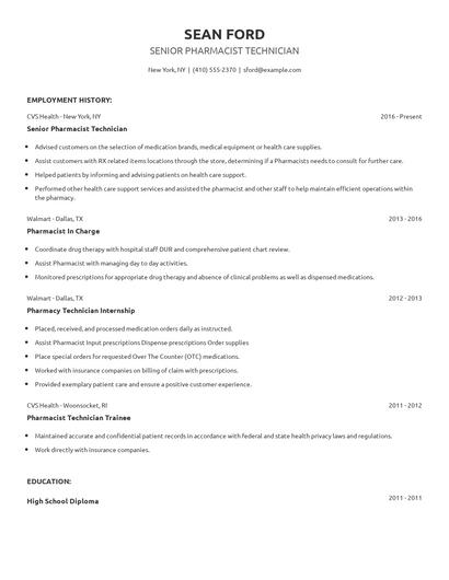 Senior Pharmacist Technician Resume