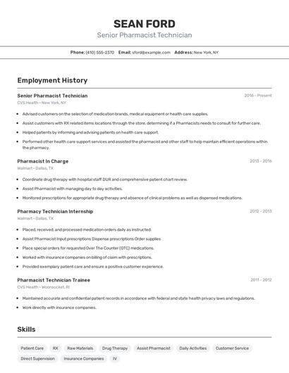 Senior Pharmacist Technician Resume