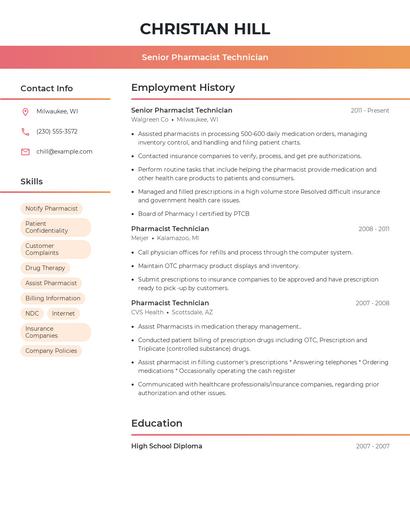 Senior Pharmacist Technician Resume