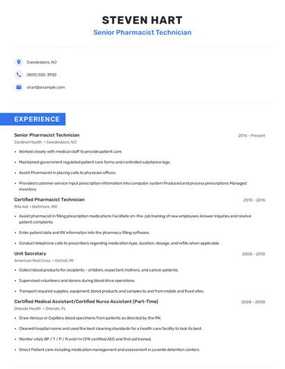 Senior Pharmacist Technician Resume