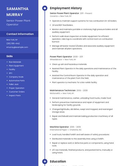 Senior Power Plant Operator Resume