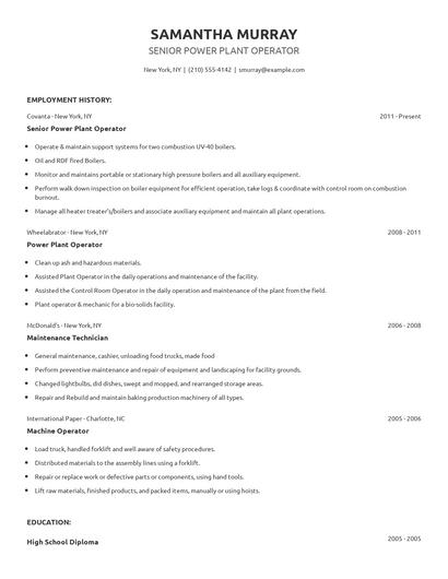 Senior Power Plant Operator Resume