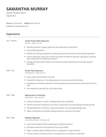 Senior Power Plant Operator Resume