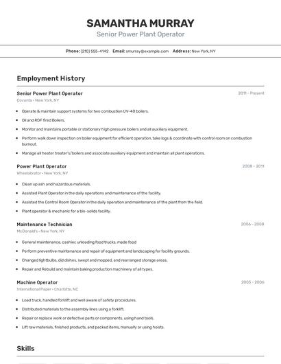 Senior Power Plant Operator Resume