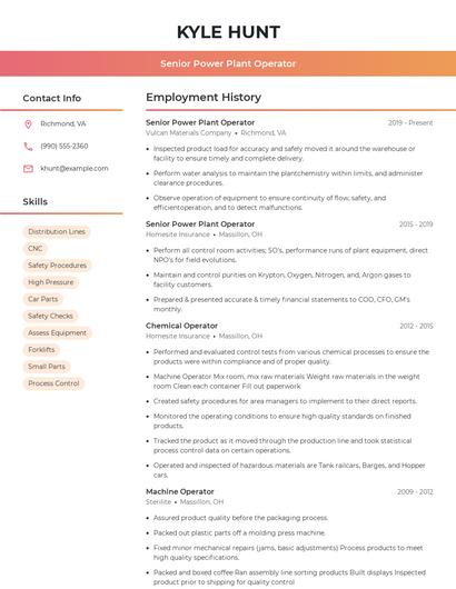 Senior Power Plant Operator Resume