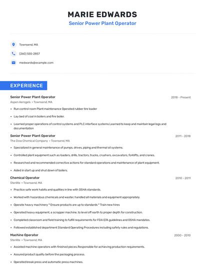 Senior Power Plant Operator Resume